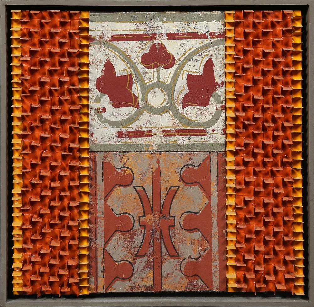 Fernando Velloso (1951-, Brazilian), "Untitled," 2004,: Fernando Velloso (1951-, Brazilian), "Untitled," 2004, mixed media, acrylic, enamel, metal, and wood, signed and dated verso, framed, H.- 17 in., W.-17 in.