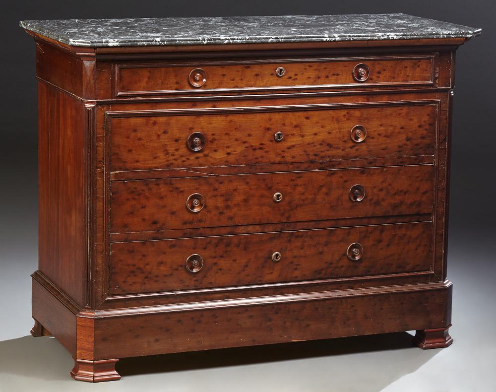French Louis Philippe Marble Top Carved Mahogany: French Louis Philippe Marble Top Carved Mahogany Commode, c. 1860, the highly figured reeded grey marble canted corner top above a frieze drawer over three set back drawers flanked by reeded canted co