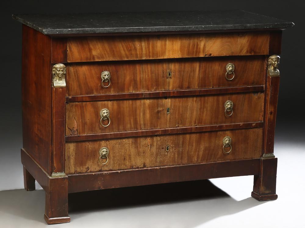 French Empire Style Marble Top Mahogany Commode, c.: French Empire Style Marble Top Mahogany Commode, c. 1840, the grey marble above a frieze drawer over three set back drawers each with ormolu lion head pulls and flanked by tapered engaged pilasters mo