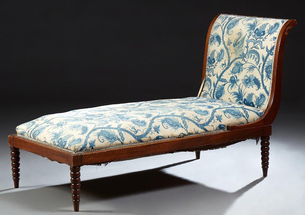 French Louis Philippe Carved Mahogany Meridienne, 19th: French Louis Philippe Carved Mahogany Meridienne, 19th c., the high curved end over a cushioned seat, on tapered bobbin turned legs on toupie feet, H. - 36 1/2 in., W. - 63 in., D. - 28 in.