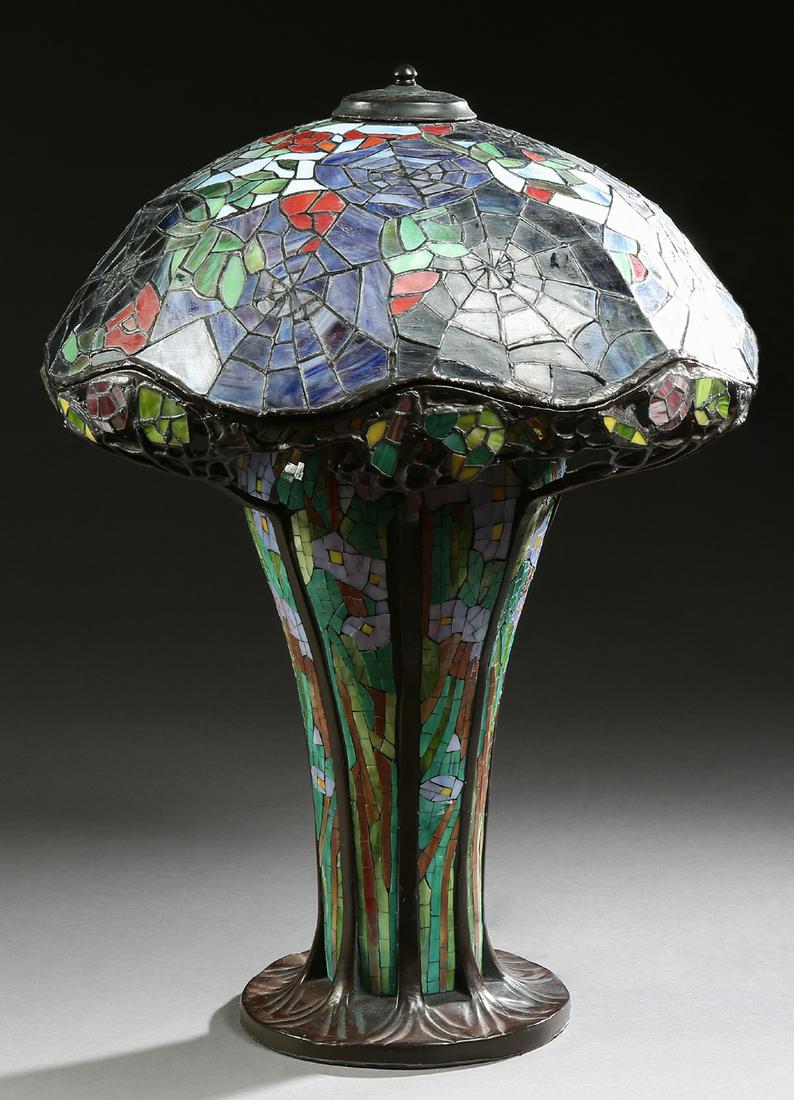 Tiffany Style Leaded Glass "Cobweb" Lamp Shade,: Tiffany Style Leaded Glass "Cobweb" Lamp Shade, 20th/21st c., on a bronze patinated baluster mosaic tile mounted base with leaded glass supports, H.- 24 in., Dia.- 18 1/2 in.