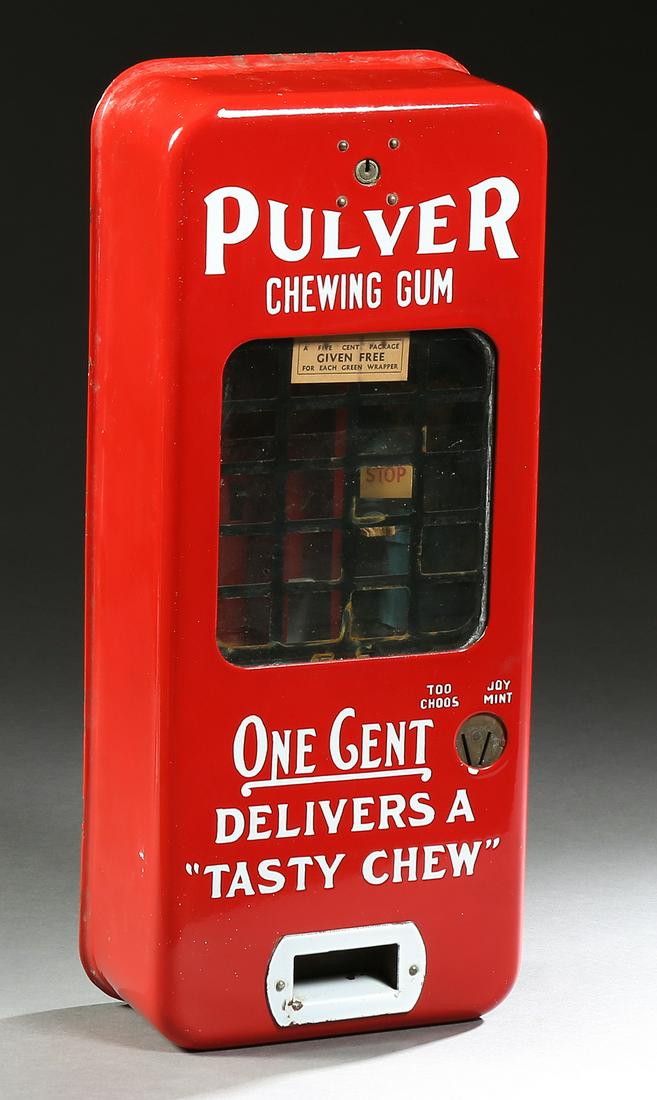 Pulver Porcelain Enameled Iron Coin Operated One Cent: Pulver Porcelain Enameled Iron Coin Operated One Cent Chewing Gum Dispenser, early 20th c., with a mechanical stop and go traffic cop, with a choice of "Too Choos" or "Joy Mint," lacking the key, H.-