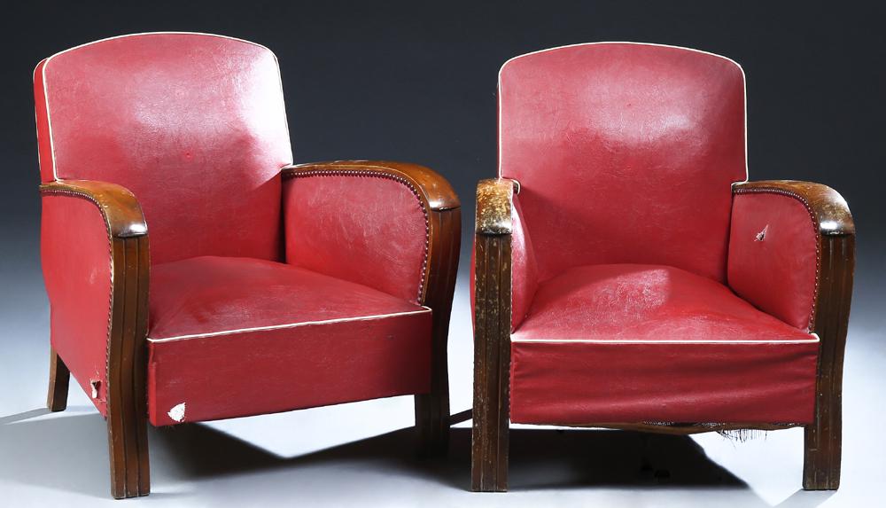 Pair of French Art Deco Cherry Upholstered Armchairs, (1 of 1)