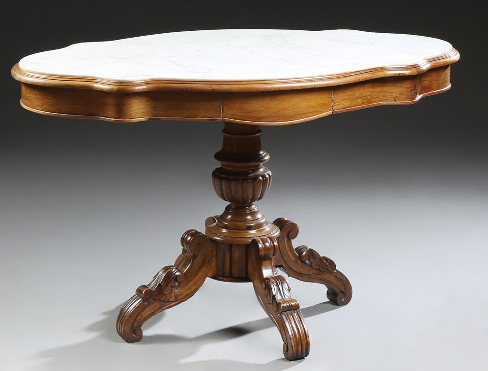 French Carved Mahogany Marble Top Center Table, c. (1 of 1)