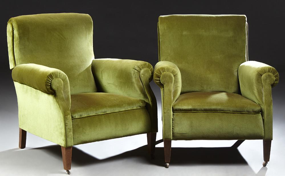 Pair of Art Deco Bergeres, c. 1940, the rolled back: Pair of Art Deco Bergeres, c. 1940, the rolled back over rolled arms to a cushioned seat on square tapered legs, in green velvet upholstery, H.- 35 3/4 in., W.- 32 in., D.- 35 in.