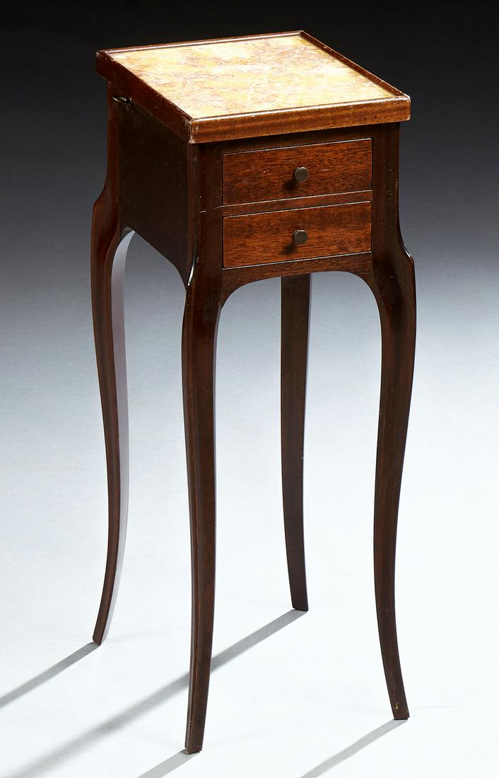Diminutive Louis XV Style Carved Mahogany Nightstand,: Diminutive Louis XV Style Carved Mahogany Nightstand, 20th c., the inset galleried highly figured ocher marble over two front drawers and a pull out drink slide proper left, on tapered cabriole legs, 