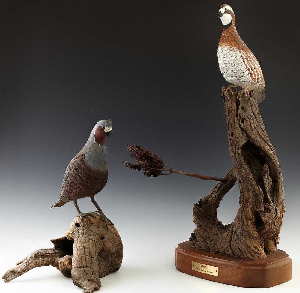 Two Carved Wood Birds, 20th c, one of a Bobwhite on a (1 of 2)