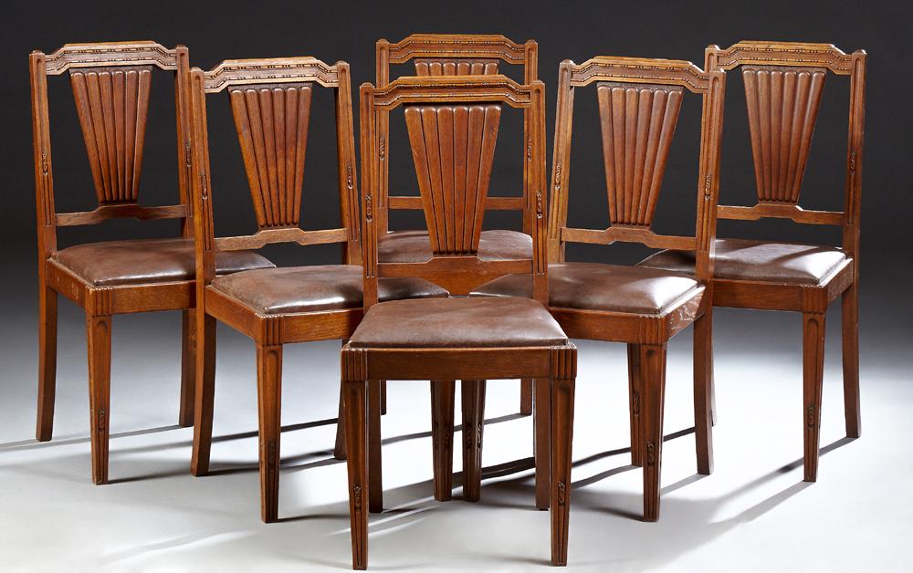 Set of Six French Art Deco Carved Oak Dining Chairs, c. (1 of 1)