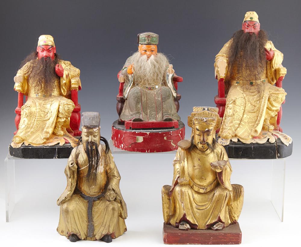 Group of Five Carved and Polychromed Giltwood Temple: Group of Five Carved and Polychromed Giltwood Temple Figures, 19th c., of bearded officials, seated in long robes, on a dragon throne and with horse hair beards, one with a stamped mark on the undersi