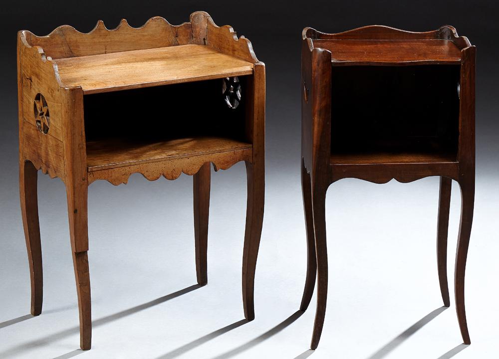 Two French Carved Walnut Louis XV Style Nightstands,: Two French Carved Walnut Louis XV Style Nightstands, late 19th c., with three-quarter scalloped galleried tops, one with cutout star sides, the second with crescent moon cutouts, both over open storag