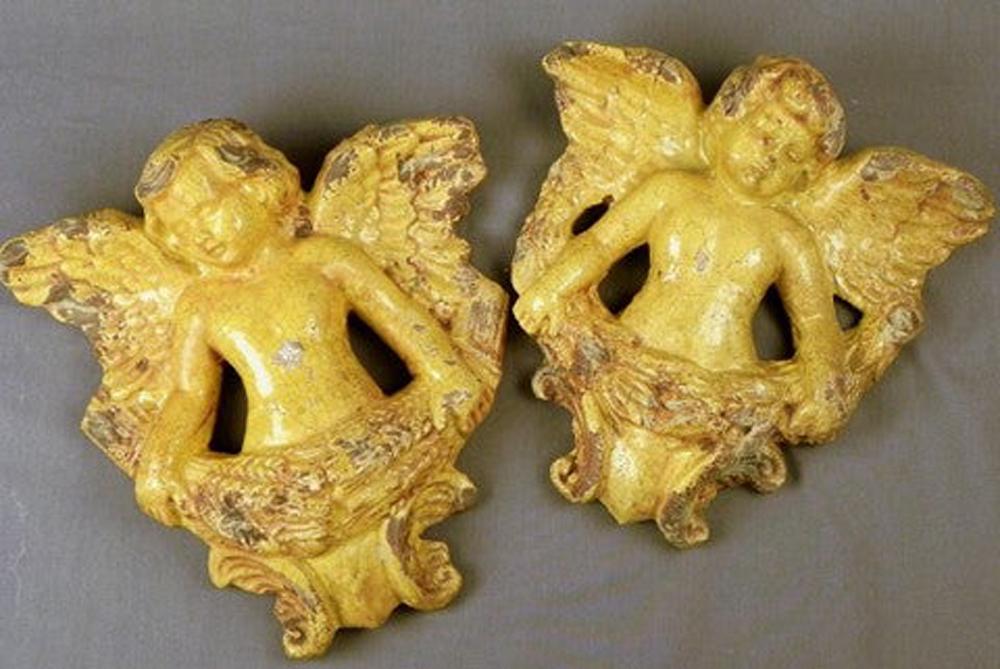 Pair of Ochre Glazed Terracotta Angel Wall Plaques, (1 of 3)