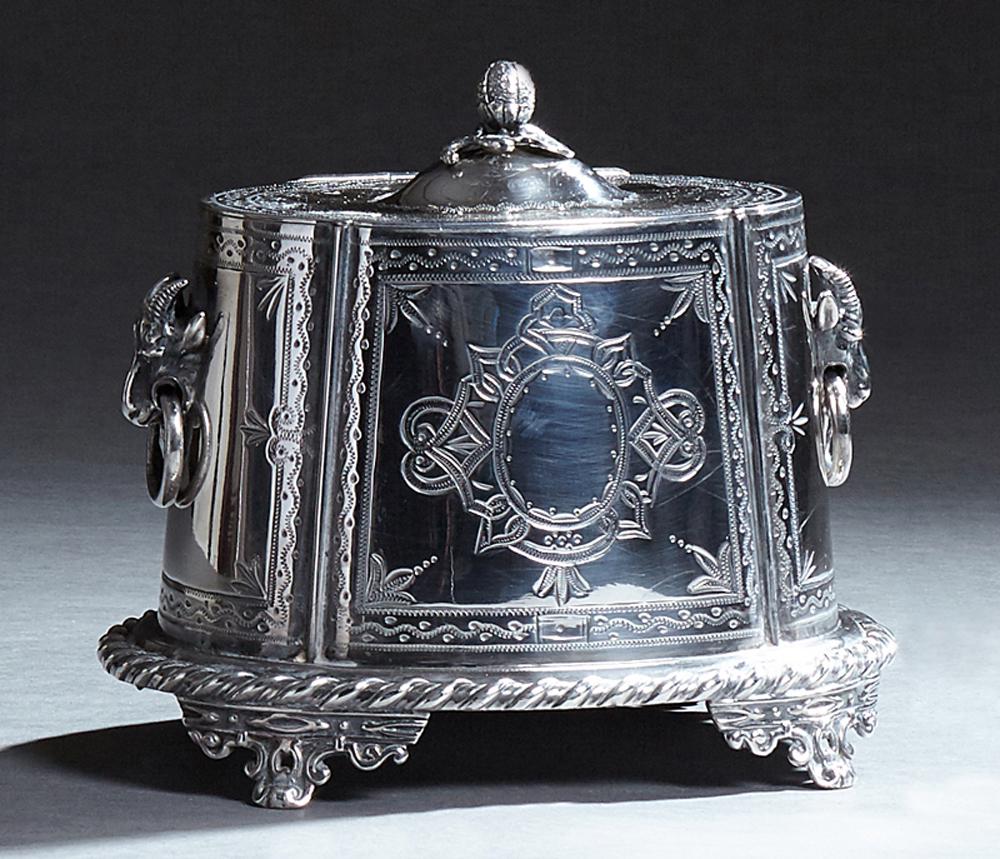 English Silverplated Biscuit Barrel, 20th c., of oval (1 of 1)