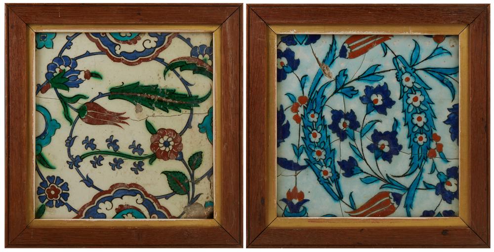 Pair of Turkish Iznick Style Glazed Earthenware Tiles, (1 of 5)