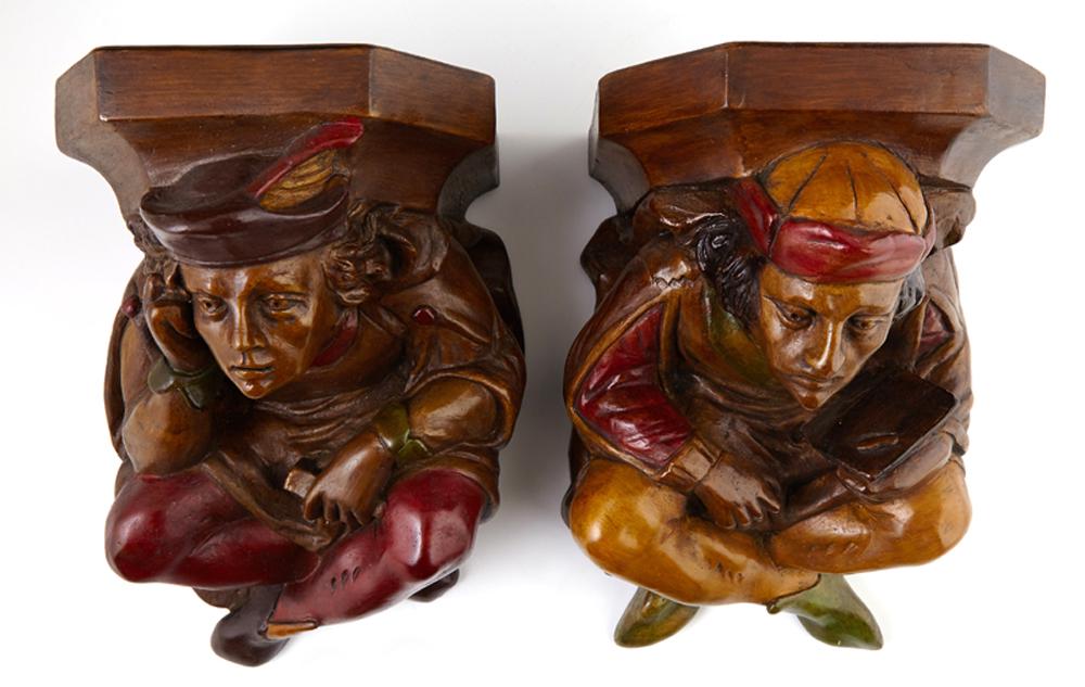 Pair of Polychromed Composition Figural Wall Brackets, (1 of 1)