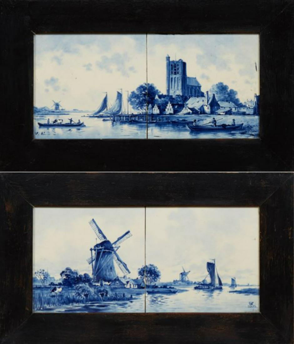 Pair of Dutch Delft Style Windmill Scenes, 20th c., (1 of 8)