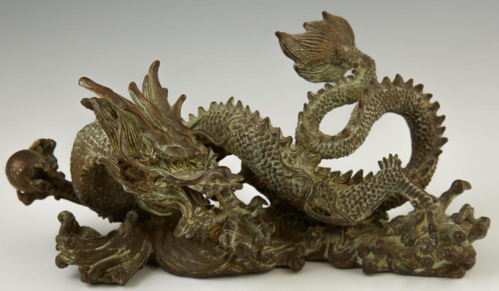 Chinese Patinated Bronze Five Toed Dragon Figure, 19th (1 of 7)