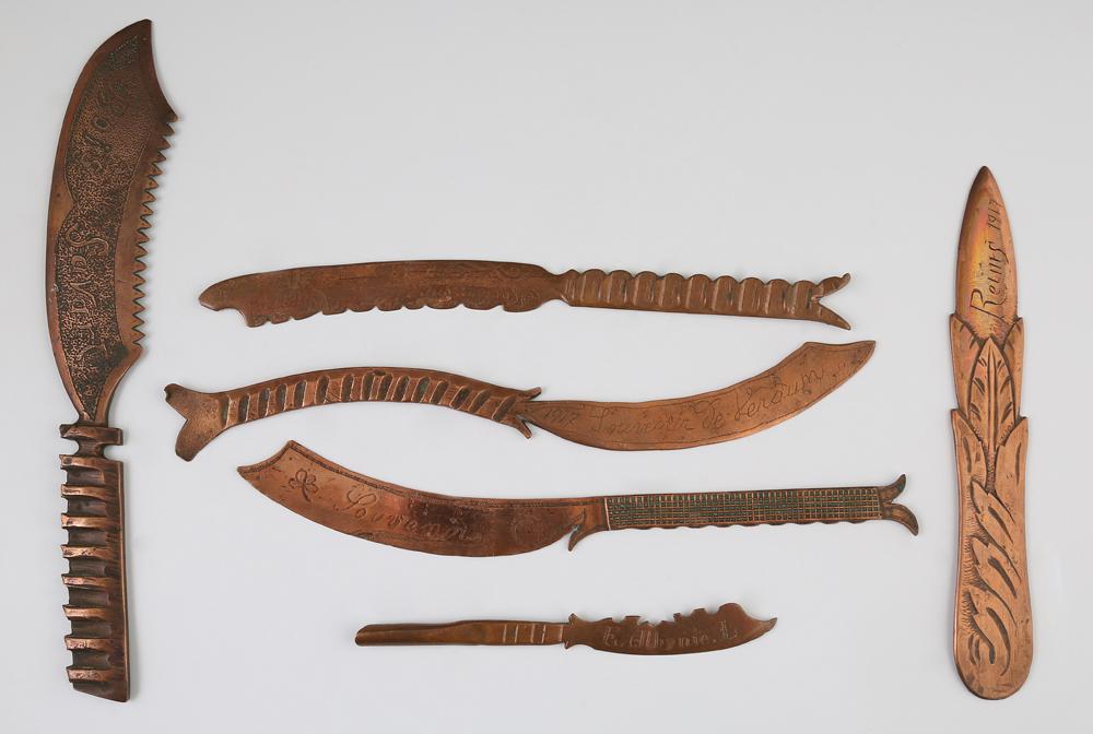 French Trench Art Group of Six Copper Letter Knives, c. (1 of 1)