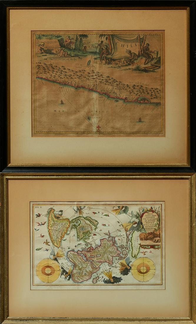Two Antique Maps: Arnoldus C. Montanus (1625-1683),: Two Antique Maps: Arnoldus C. Montanus (1625-1683), "Chili," 1670, hand colored, presented in a black frame with a gilt liner, H.- 11 3/4 in., W.- 14 1/2 in; and Heinrich Scherer (1628-1704), "Imago T