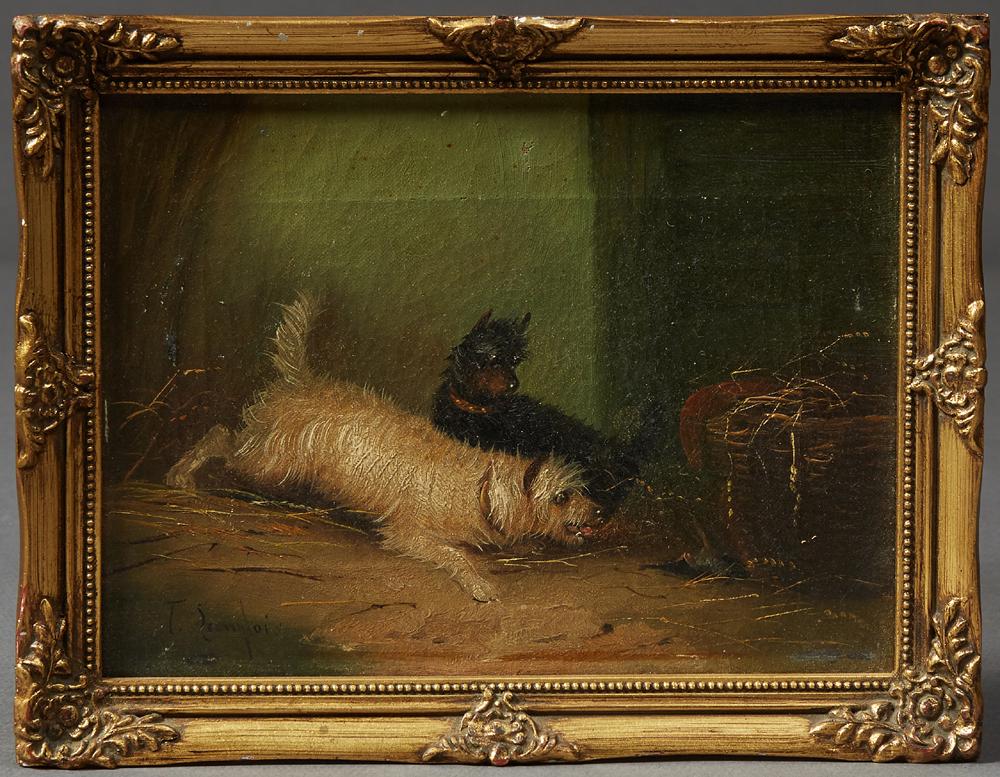 T. Langlois, "Dogs Chasing a Rat," 19th c., oil on: T. Langlois, "Dogs Chasing a Rat," 19th c., oil on canvas, signed lower left, presented in a gilt and gesso frame, H.- 5 3/4 in., W.- 7 5/8 in.