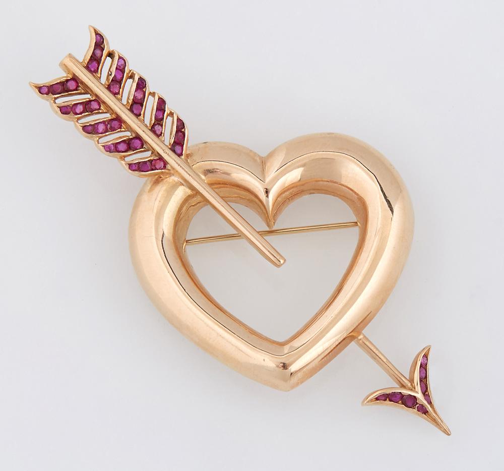 14K Yellow Gold and Ruby Heart Brooch, 20th c., the (1 of 1)