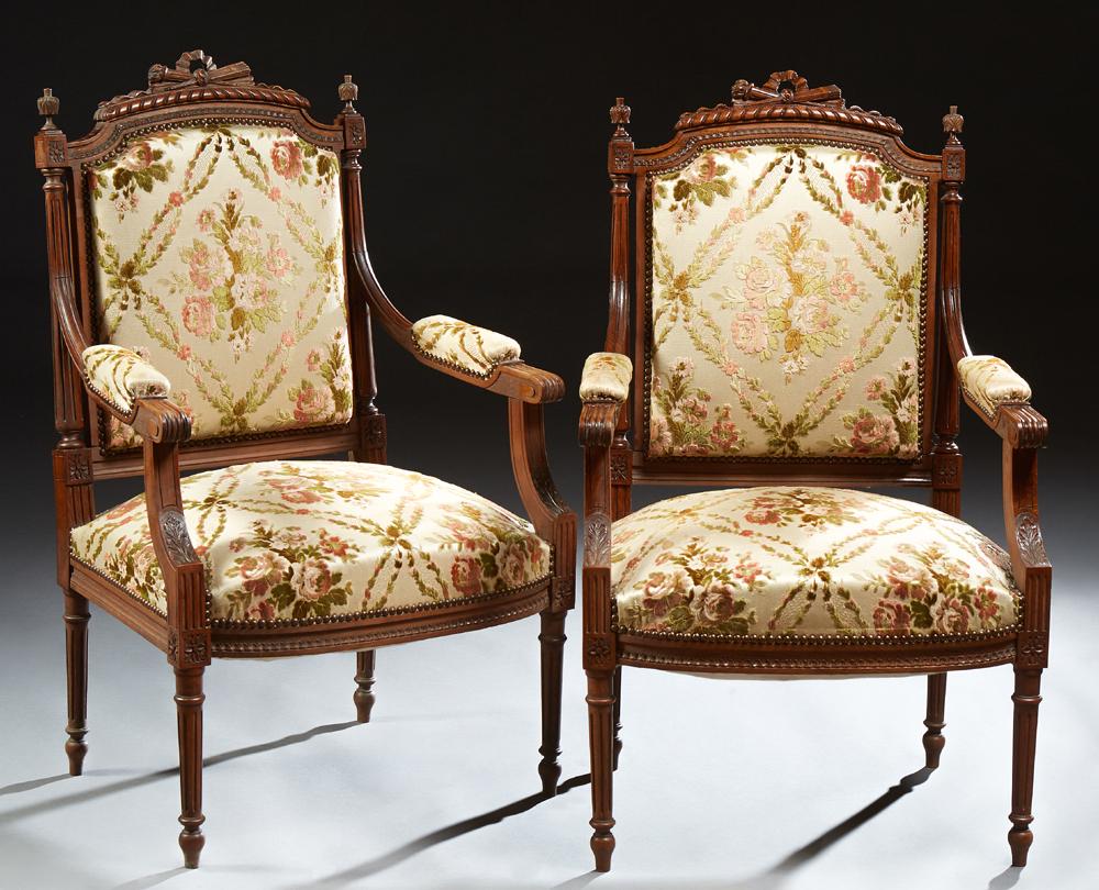 Pair of French Louis XVI Style Carved Beech Armchairs, (1 of 1)