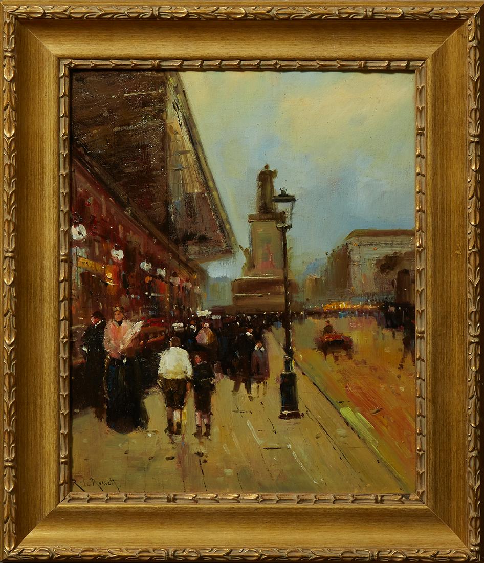 Roberto Le Rosset, "Paris Street Scene," 20th c., oil: Roberto Le Rosset, "Paris Street Scene," 20th c., oil on board, signed lower left, presented in a gilt and gesso frame, H.- 20 3/8 in., W.- 16 3/8 in.