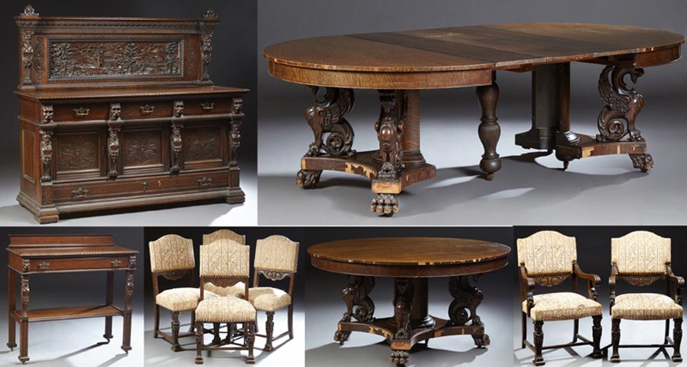Carved Oak Nine Piece Dining Room Suite, in the style (1 of 7)