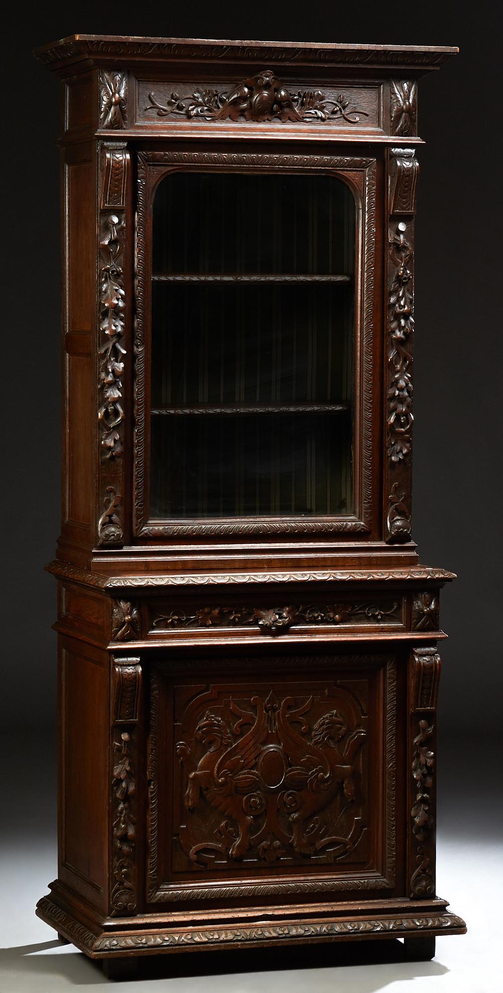 French Provincial Henri II Style Carved Oak Bookcase (1 of 1)