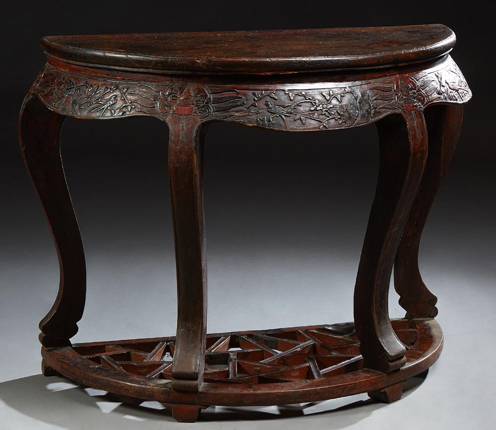 Chinese Carved Elm Demilune Console Table, 19th c., the (1 of 1)