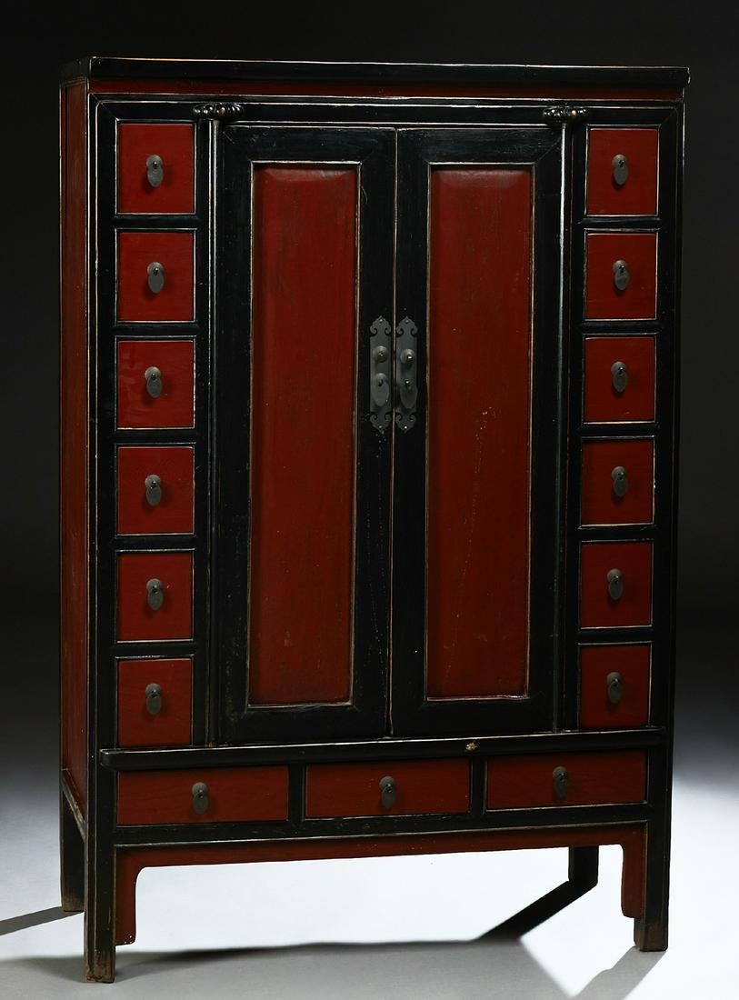 Carved Chinese Black and Red Lacquered Elm Apothecary (1 of 9)