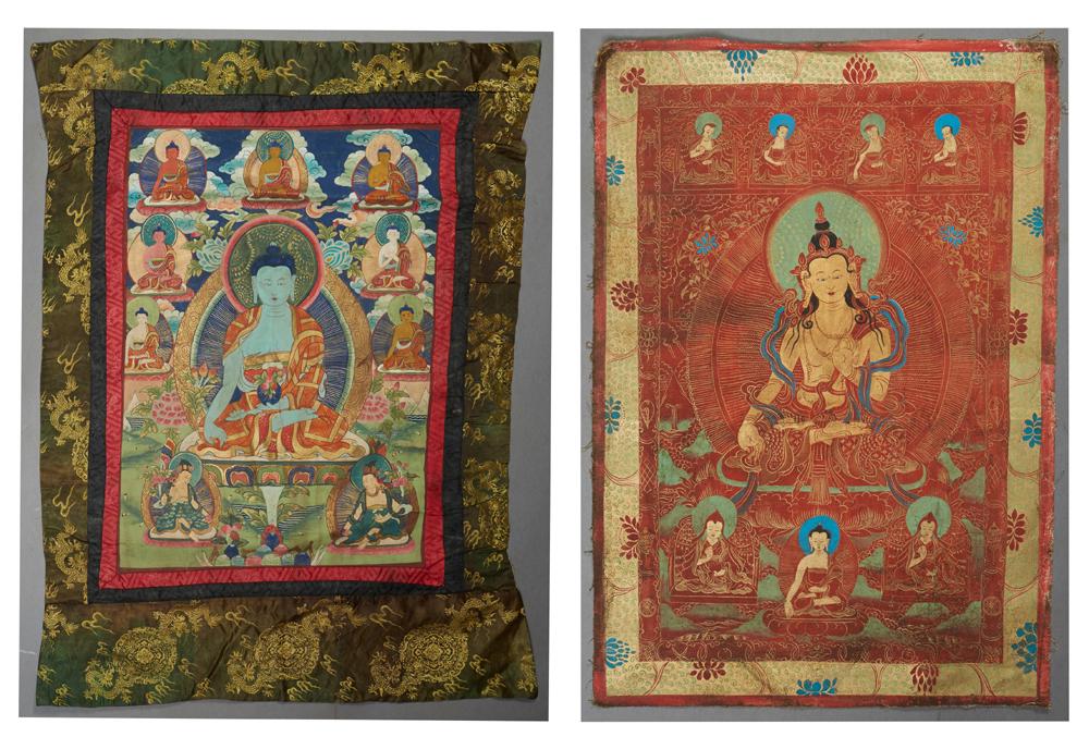 Two Tibetan Silk Thangkas, 19th c., oil on silk of a (1 of 3)