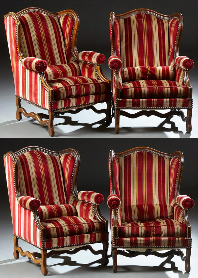 Set of Four French Carved Walnut Wing Back Bergeres, (1 of 3)