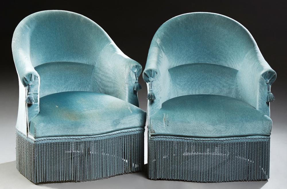 Pair of French Upholstered Barrel Back Armchairs, c. (1 of 1)