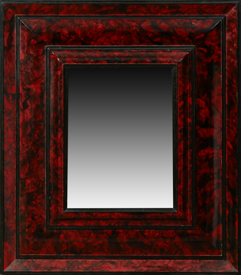 French Carved Pine Faux Tortoise Shell Overmantel: French Carved Pine Faux Tortoise Shell Overmantel Mirror, 20th c., the wide frame around a rectangular plate, H.- 31 1/2 in., W.- 27 1/2 in.