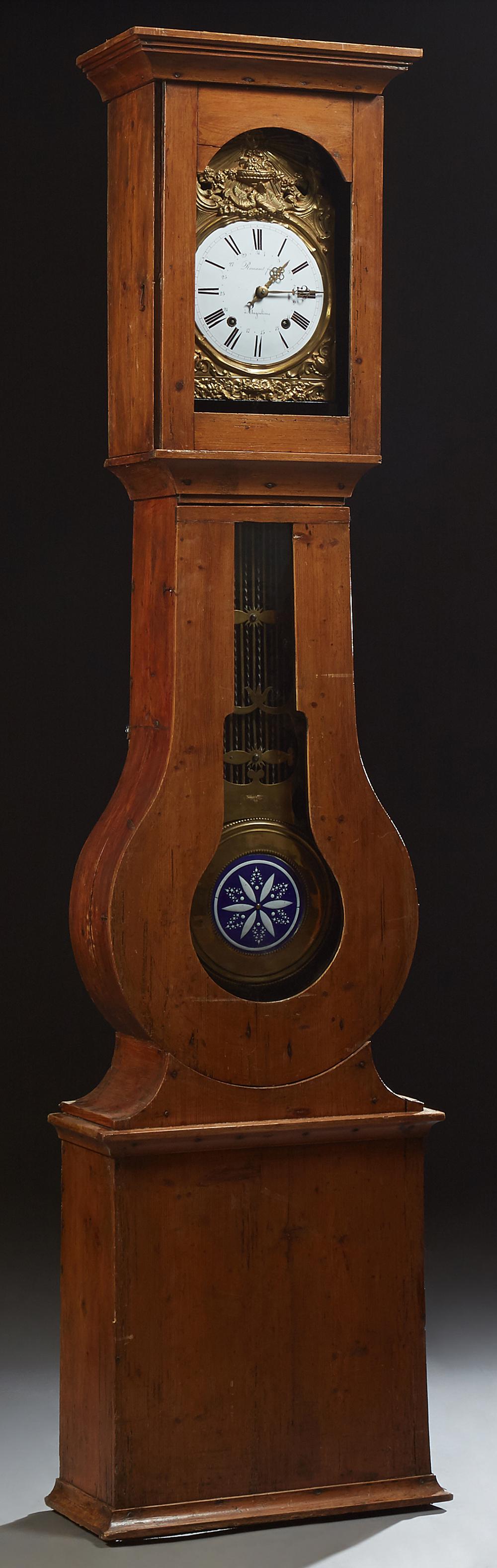 French Carved Pine Tall Case Calendar Clock, 19th c., (1 of 1)