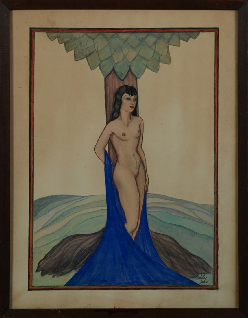 Nicholas Takis (1903-1965), "Nude Leaning on a Tree,": Nicholas Takis (1903-1965), "Nude Leaning on a Tree," c. 1930, watercolor, signed lower right, presented in a narrow frame, H.- 18 3/4 in., W.- 13 1/2 in. Provenance: Personal collection of Paul Rosen