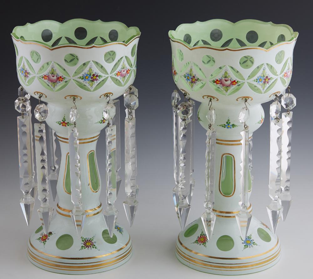 Pair of Large White-to-Green Cut Glass Lusters, 19th (1 of 1)