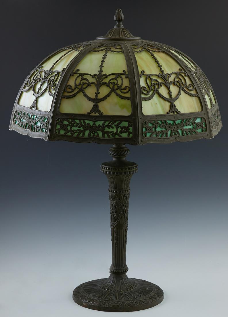 Salem Brothers Spelter and Iron Slag Glass Table Lamp, (1 of 4)