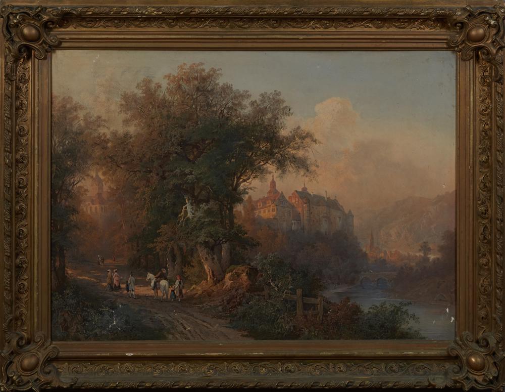 Continental School, "Travelers on the Road by the: Continental School, "Travelers on the Road by the River," 19th c., oil on canvas, presented in a period gilt and gesso frame, H.- 23 1/2 in., W.- 32 3/4 in. Provenance: from a collection of an antiqua