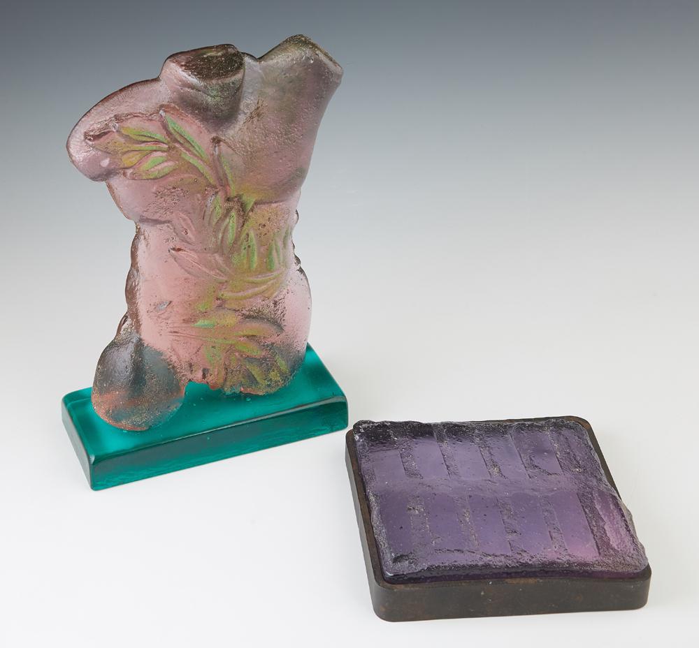 Mitchell Gaudet (1962-, Studio Inferno, New Orleans),: Mitchell Gaudet (1962-, Studio Inferno, New Orleans), Two Molded Glass Sculptures, 20th c., one of a nude torso in pink, the other of bricks, Torso- H.- 10 1/4 in., W.- 6 3/4 in., D.- 3 in. (2 Pcs.)