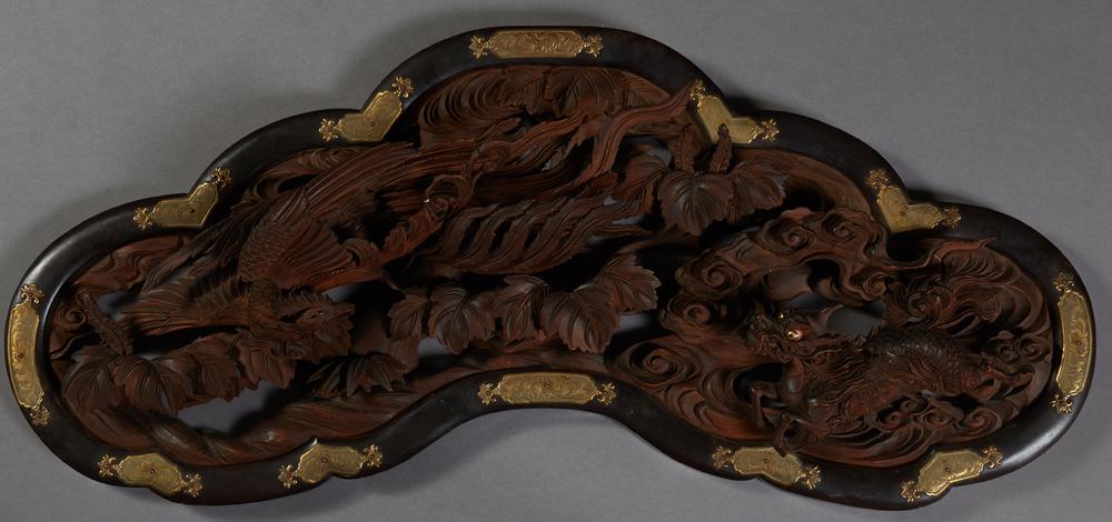 Chinese Brass Mounted Carved Wood Temple Panel, early (1 of 1)