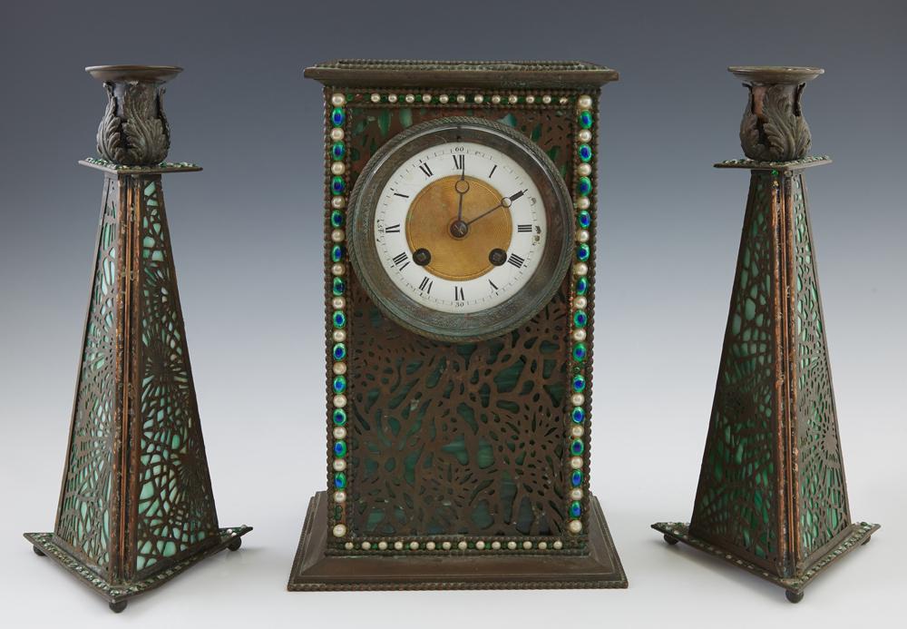 Three Pieces of Tiffany Style Copper Clock Garniture, (1 of 2)