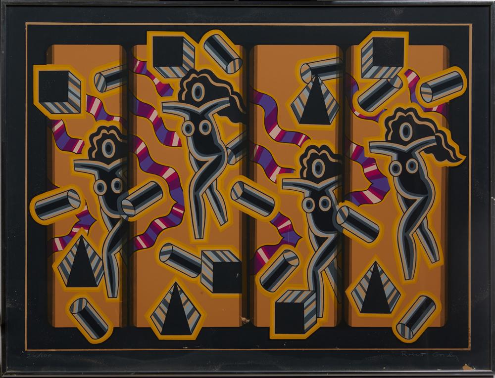 Robert Gordy (1933-1986, Louisiana), ''Folly," colored: Robert Gordy (1933-1986, Louisiana), ''Folly," colored serigraph, 26/100, pencil signed lower right margin, pencil numbered lower left margin, presented in a brushed silver metal frame, H.-24 1/2 in.,