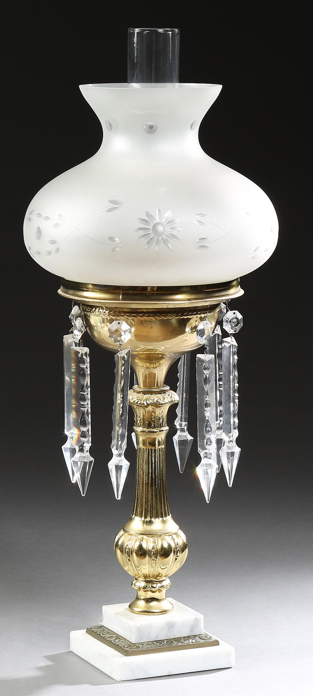 Brass Plated Astral Style Lamp, 20th c., hung with nine (1 of 2)