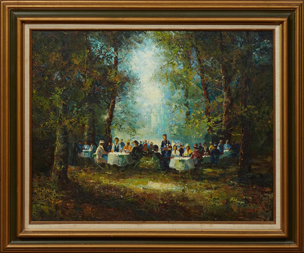 C. Gilbert, "Lunch in the Woods," 20th c., oil on (1 of 2)
