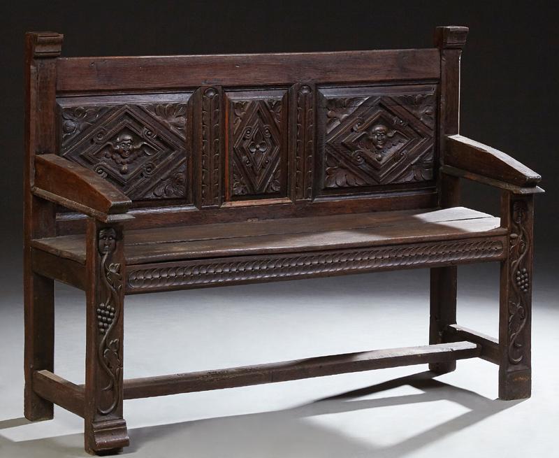 French Provincial Renaissance Style Carved Oak Bench, (1 of 11)