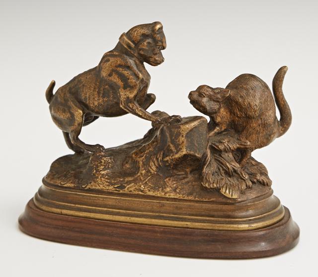 After Jules Moigniez (1835-1894, French), "Terrier and: After Jules Moigniez (1835-1894, French), "Terrier and a Cat," 19th c., patinated bronze, on a integral stepped base, now mounted on a stepped wooden base, Bronze- H.- 3 1/4 in., W.- 4 1/4 in., D.- 1 