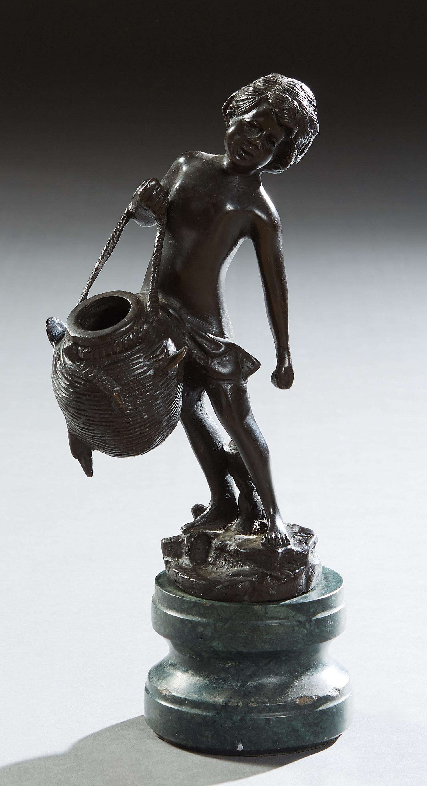 "Boy with a Woven Basket," 20th c., patinated bronze: "Boy with a Woven Basket," 20th c., patinated bronze figure, on an integral stepped circular green marble base, H.- 11 3/4 in., W.- 6 in., D.- 4 in.