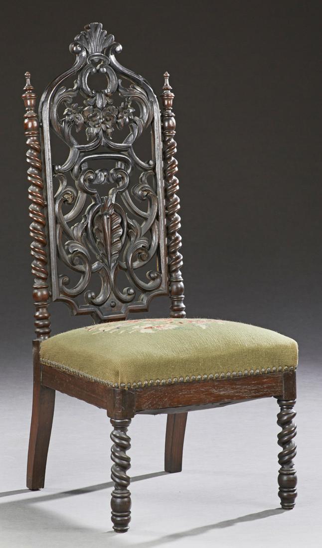 English Carved Mahogany Gothic Slipper Chair, 19th c., (1 of 3)