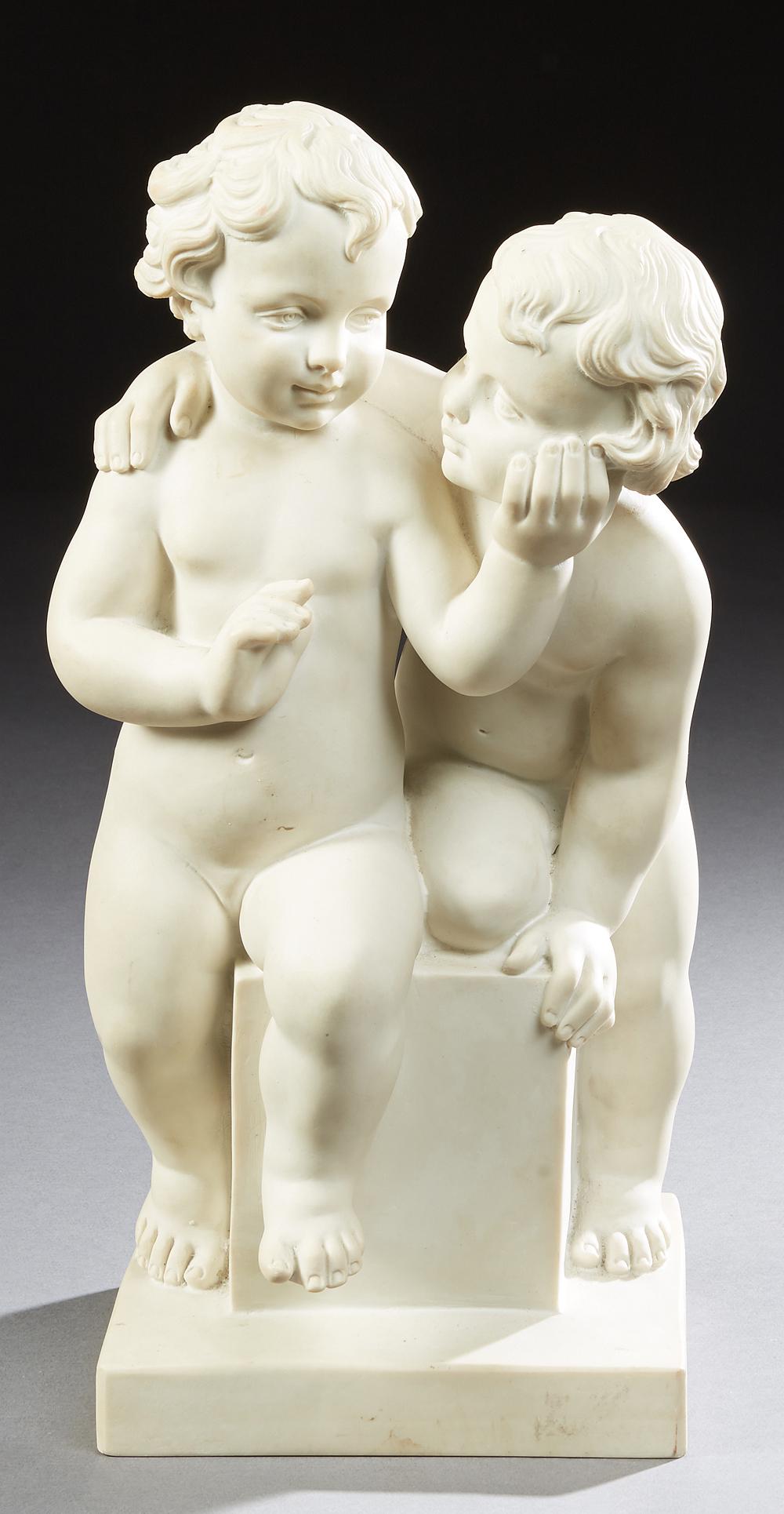 Cast Marble Figural Group, 20th c., of two putti seated (1 of 8)